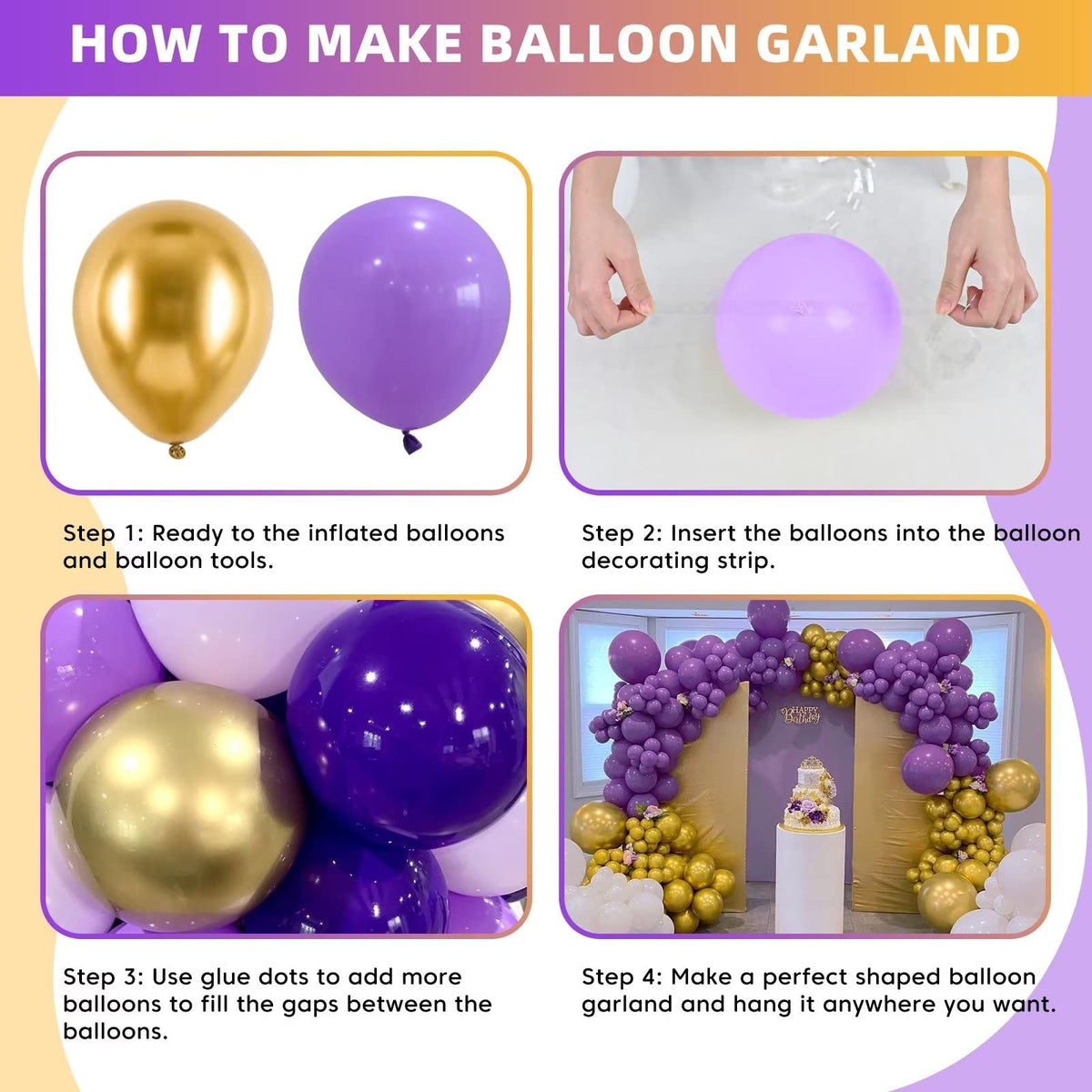 Purple Gold Balloon Garland Arch Kit, Metallic Gold and Latex Purple