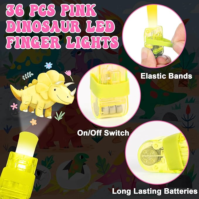36Pcs Pink Dinosaur LED Finger Lights Pink Dinosaurs Glow
