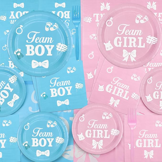 Gender Reveal Decorations Including Boy or Girl Plates Napkins Team