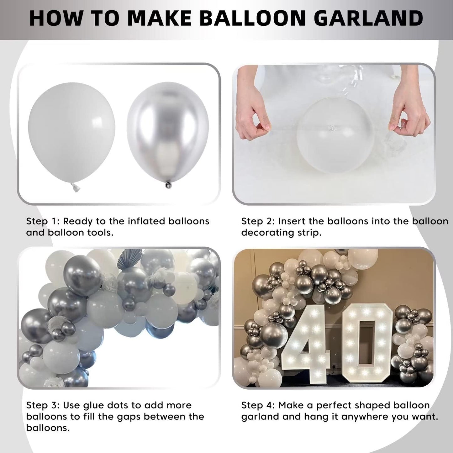 Silver and White Balloon Garland Kit, Metallic Silver White Balloon