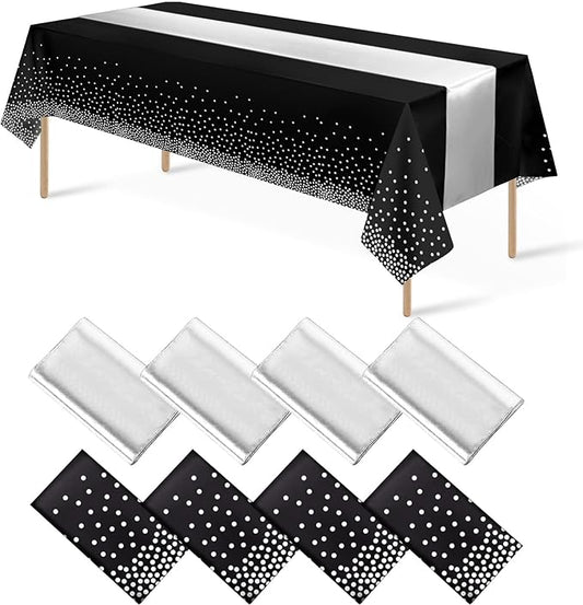 8Pack Disposable Plastic Tablecloths and Satin Table Runner Set Black
