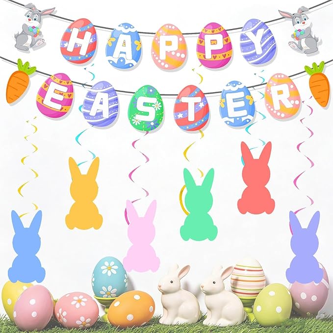 8PCS Easter Decorations Set Includes Happy Easter Banner Hanging