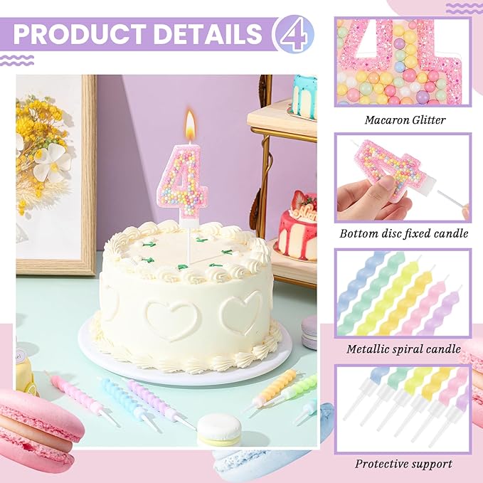 MTLEE Number 4 Birthday Candle with 12 Pcs Spiral Candles for Girls