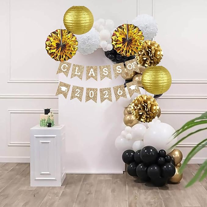 Gold Graduation Party Decoration Class Banner Hanging Pom Poms