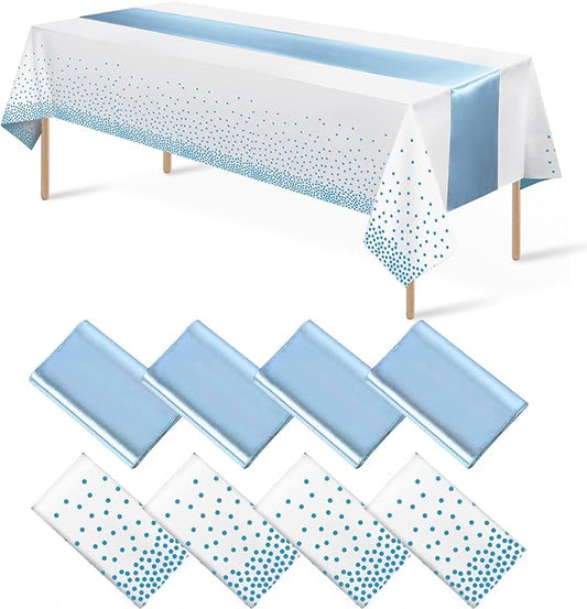 8Pack Disposable Plastic Tablecloths and Satin Table Runner Set White
