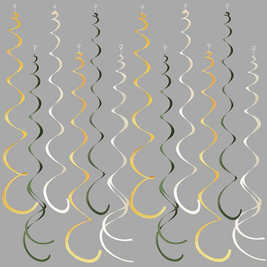 36Pcs Sage Green Gold Hanging Swirl Decorations Glitter Gold Olive