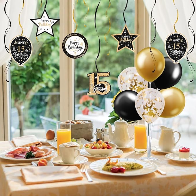 Happy 15th Birthday Black & Gold Balloon Set,15th Birthday Swirls