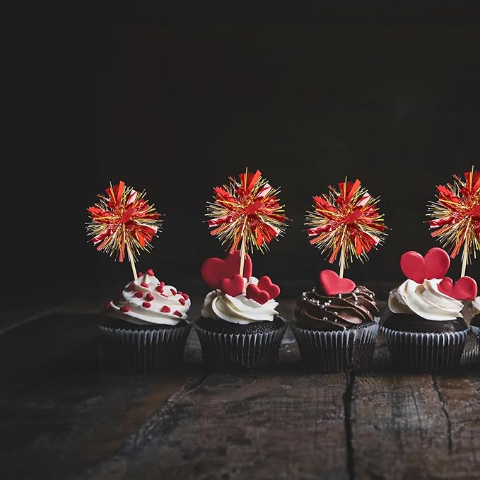 30Pcs Foil Firework Cupcake Toppers Sparkle Tinsel Cake