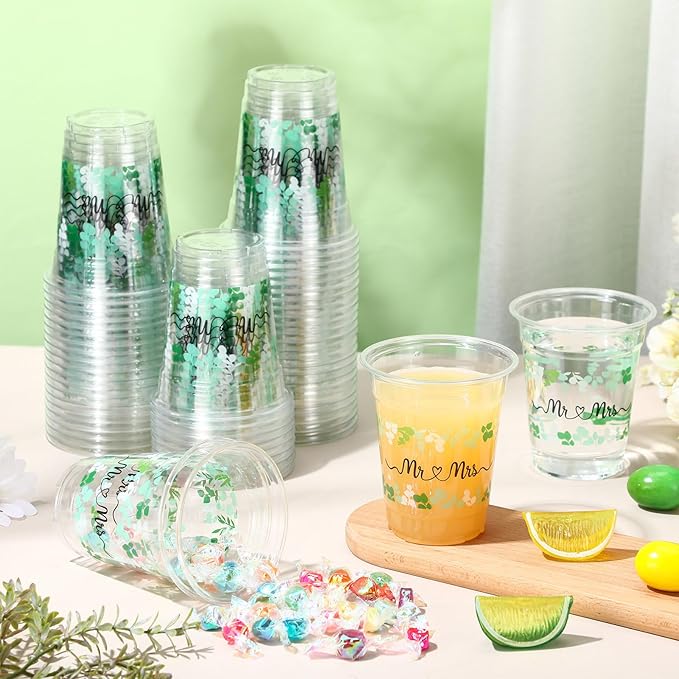 60 Pack Mr and Mrs Wedding Cups 12 oz Sage Green Eucalyptus
