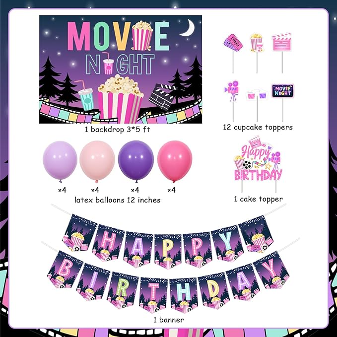 Movie Night Party Decorations Pink & Purple Fantasy Banner Backdrop