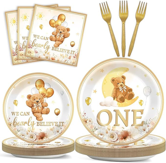 96Pcs Beary First Birthday Decorations Plates Sets 1st Teddy Bear