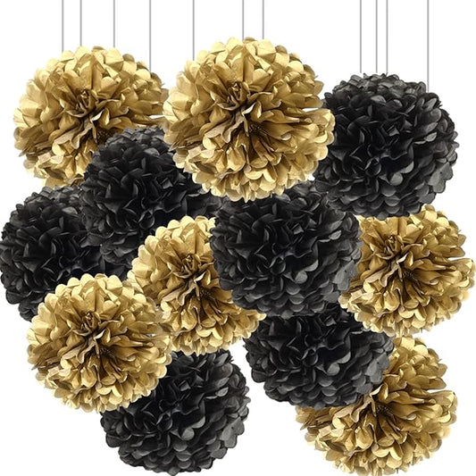 Black Gold Paper Pom Poms for Wedding Birthday Black Gold Party