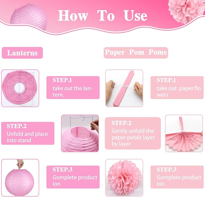 14 Pcs Pink Party Decorations Kit - Tissue Pom Poms, Lanterns & Polka
