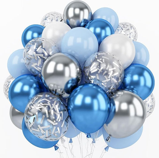 Metallic Blue Silver Balloons, 60 Pcs 12 Inches Chrome Blue