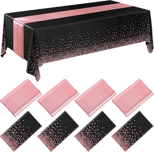 Breling 8 Pack Black and Rose Gold Disposable Plastic Tablecloths and