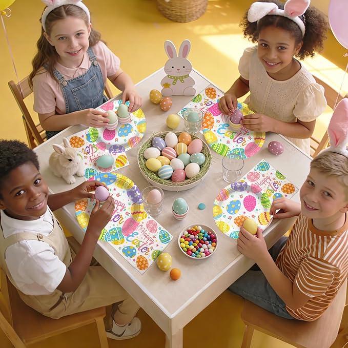 75Pcs Easter Paper Plates and Napkins Set Easter Eggs Themed