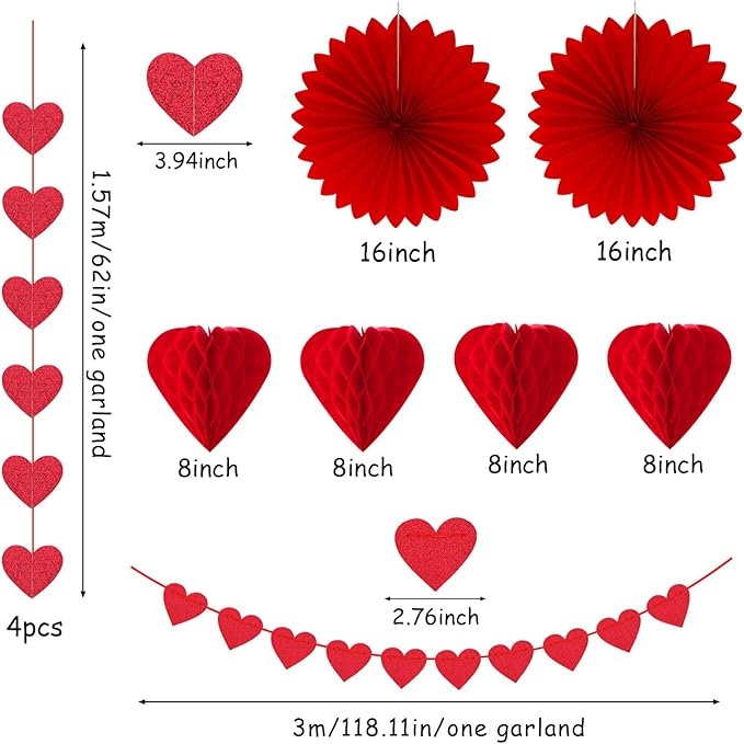 Galentines Party Decoration Valentines Day Heart Garland 25pcs Red
