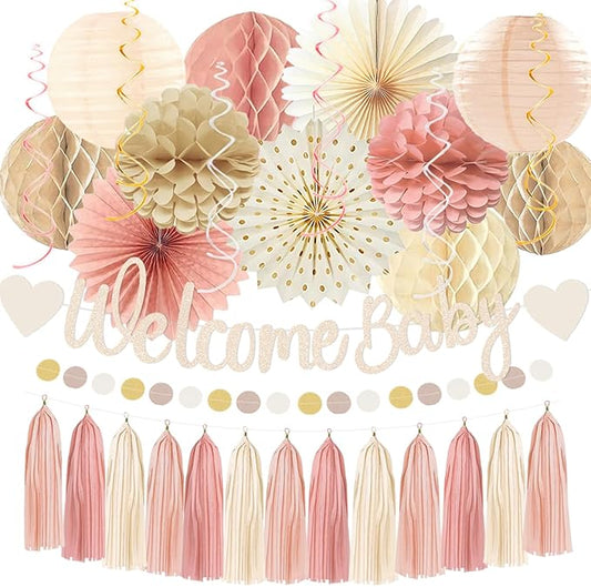 Dusty Pink Boho Baby Shower Party Decorations Beige Champagne Girl