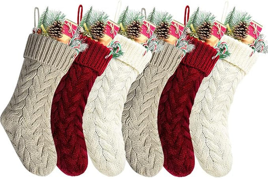 Christmas Stockings, 20 Inch Burgundy, Ivory, Khaki Cable Knit