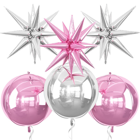 6Pcs Pink Silver Foil Balloons,22Inch Light Pink Silver 4D Round Ball