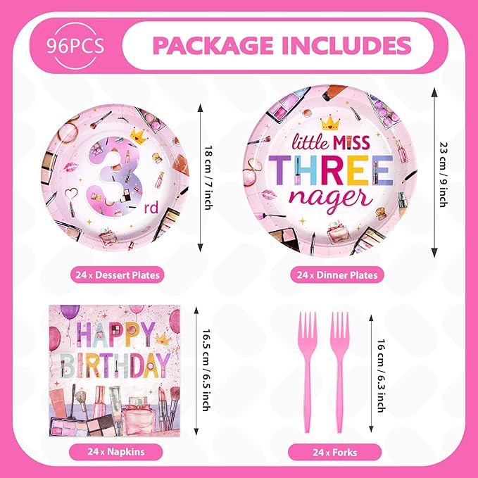 96 Pcs Threenager Birthday Decorations Girl Makeup Spa 3rd Birthday