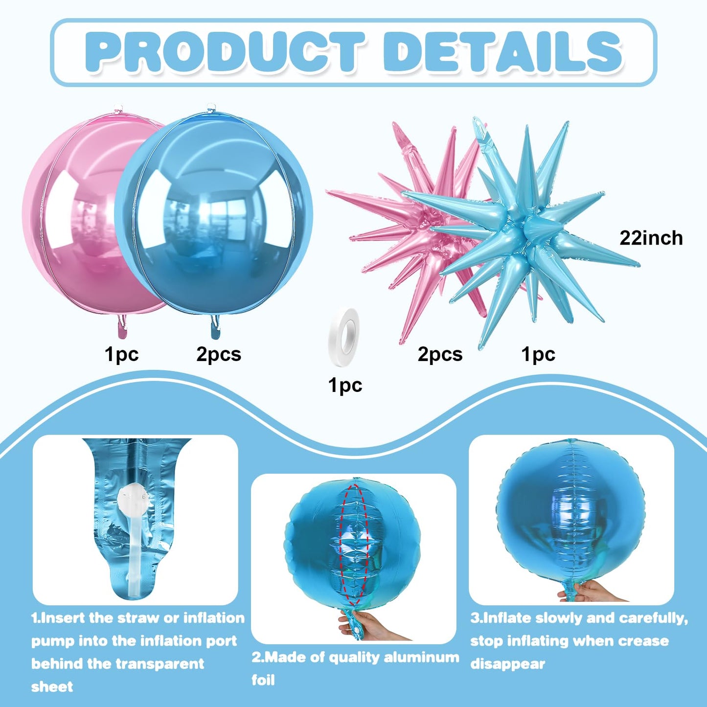 6Pcs Pink Blue Foil Balloons,22Inch Blue Pink 4D Round Ball Balloon