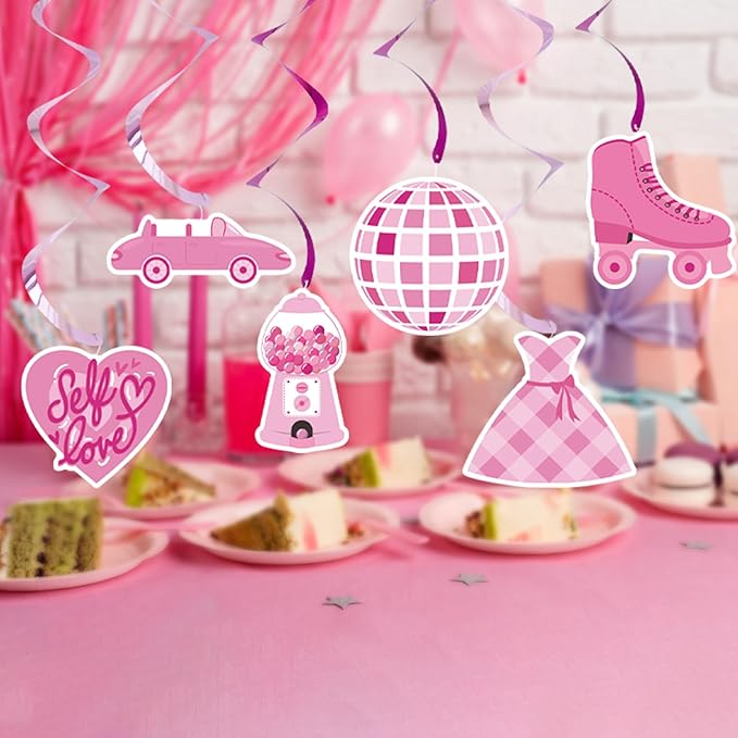 SOLDAY 20Pcs Pink Birthday Hanging Decorations Pink Girls Party Foil