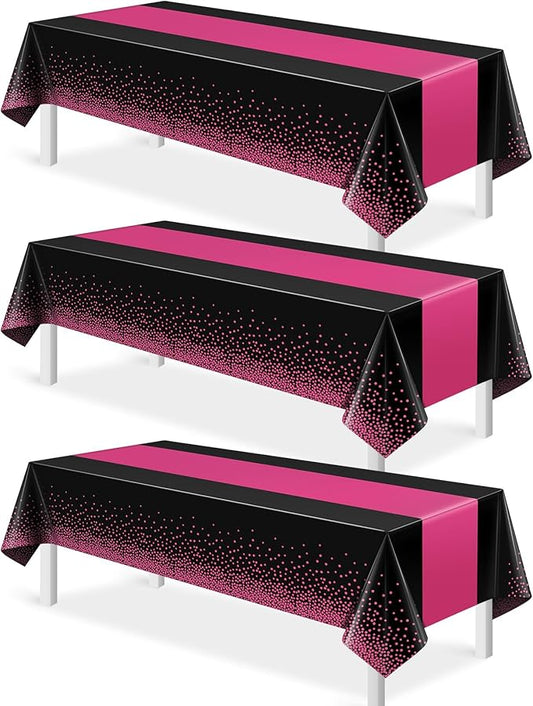 3Pcs Black Hot Pink Tablecloth Party Decorations,Plastic Black Table