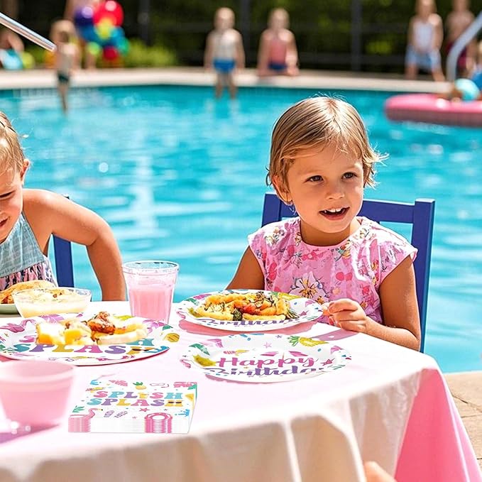96Pcs Pool Party Decorations Pink Flamingo Pool Plates and Napkins