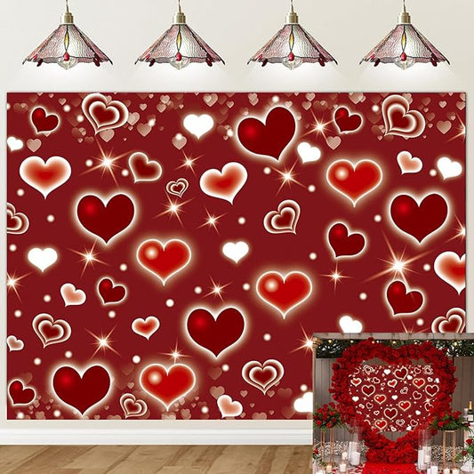 Red Heart Party Backdrop 8x6FT Valentine's Day Photography
