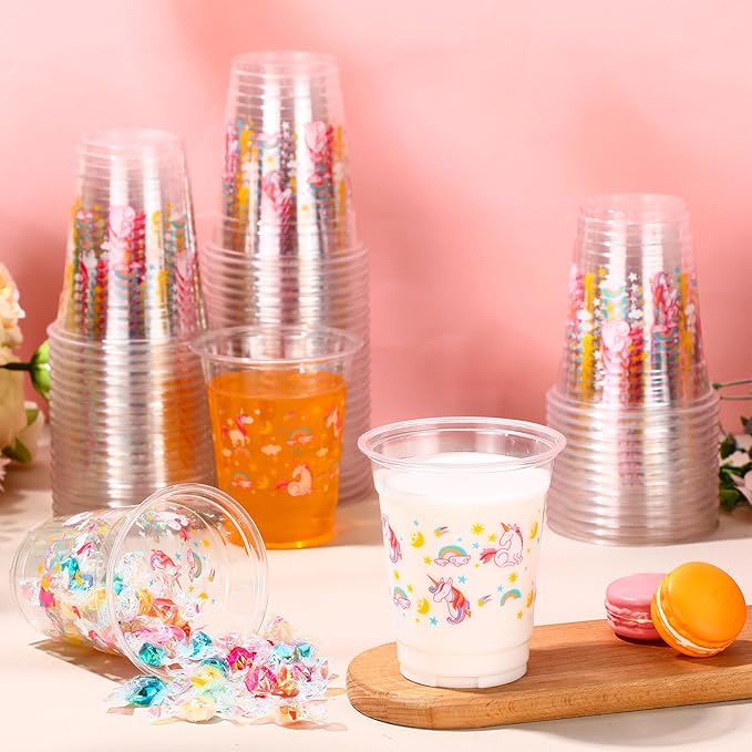 60 Pack Unicorn Cups 12 oz Disposable Clear Plastic Unicornio