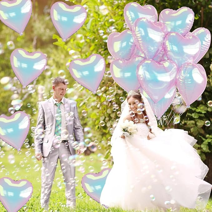 Iridescent Heart Balloons, 9PCS 18Inch Transparent Laser Heart Foil