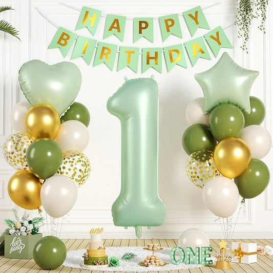 1st Birthday Decorations, 40 Inch Sage Green Number 1 Balloon, 18