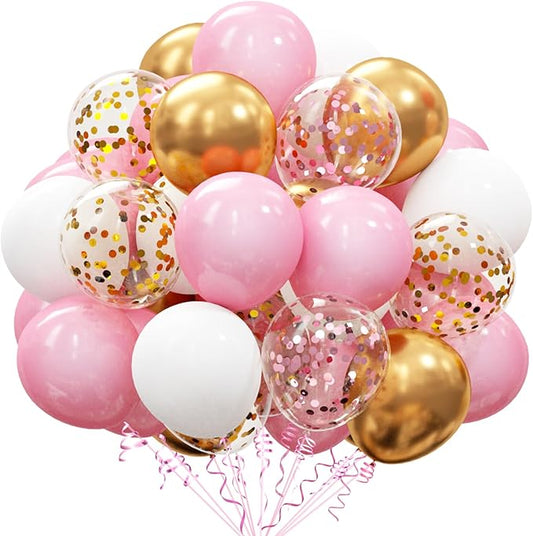 OuMuaMua 60Pcs Pink Gold Confetti Latex Balloons Kit, 12 Inch Pink