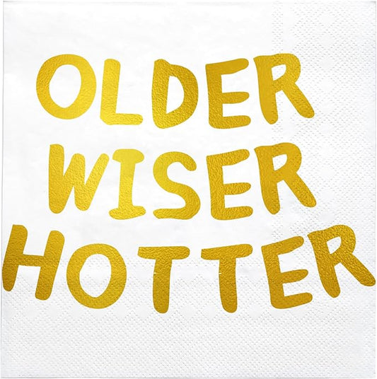 LeZakaa 25Pcs Birthday Paper Napkin, 3-Ply Gold Foil "Older Wiser