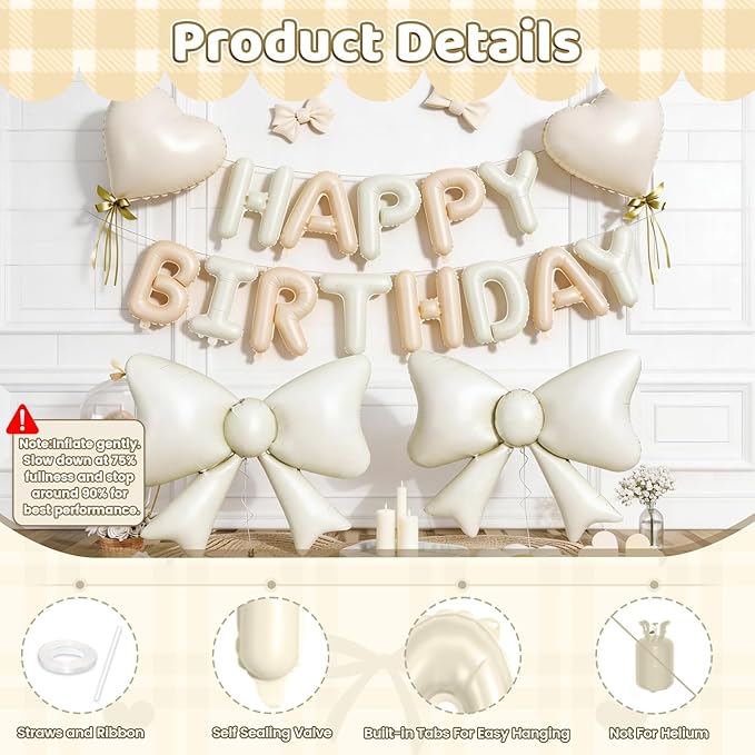 Beige Happy Birthday Balloon Banner, 38Inch Bow Aluminum Foil