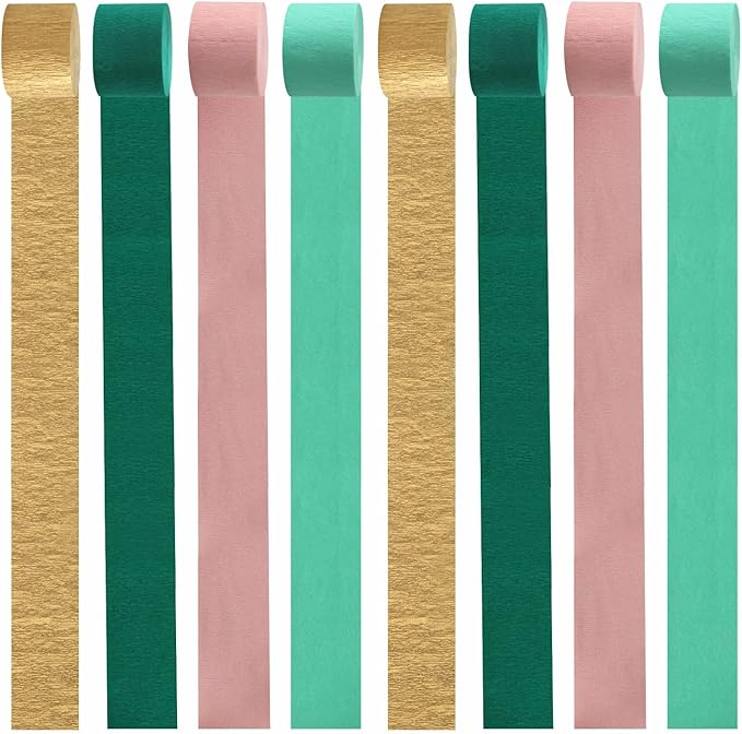 Sage-Green Pink-Gold Crepe Paper Streamers - 8 Rolls Green Party