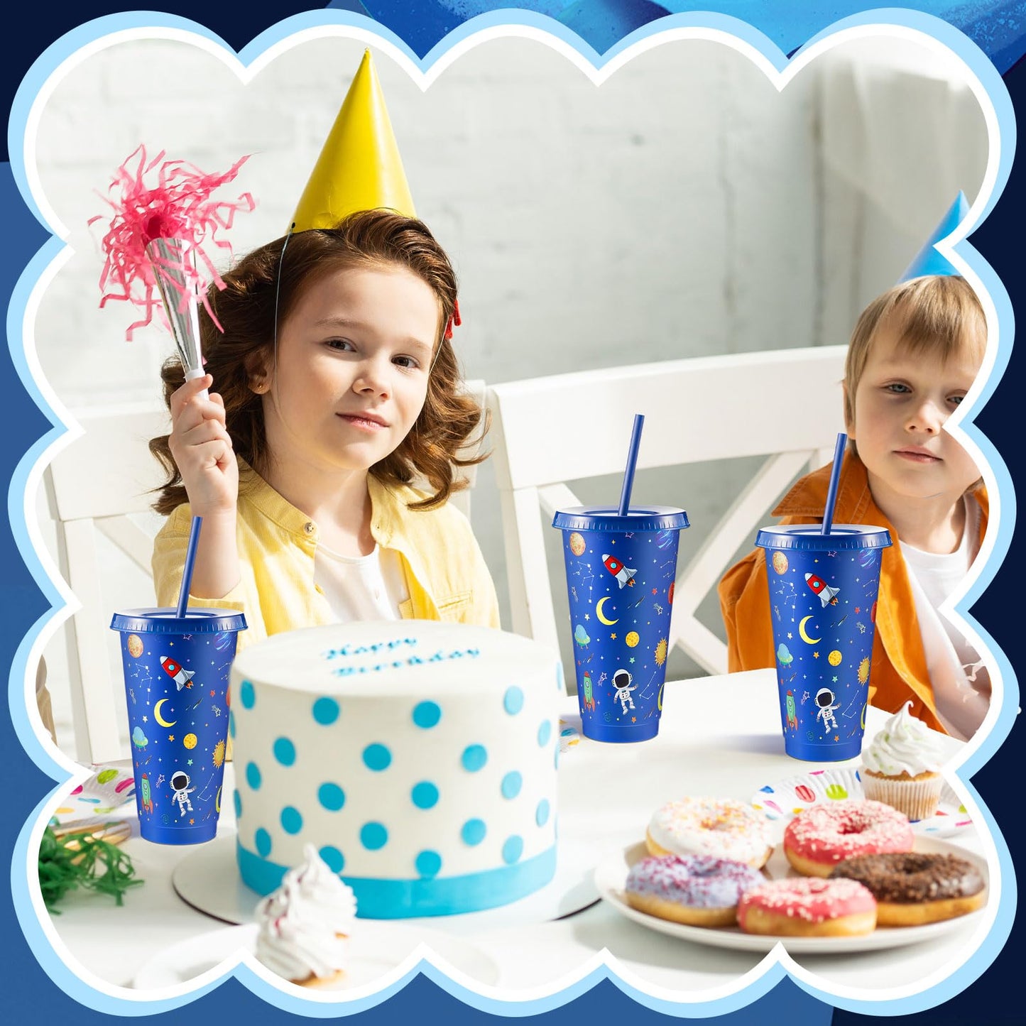 24 Pcs Space Party Plastic Cups with Lid and Straw 24 oz