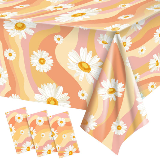 Tiamon 3 Pieces Plastic Groovy Tablecloths Retro Hippie Table Covers