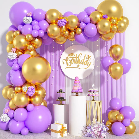 Purple Gold Balloon Garland Arch Kit, Metallic Gold and Latex Purple