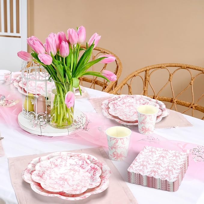 250 Pcs Pink Bow Paper Plates and Napkins Coquette Valentine's Day