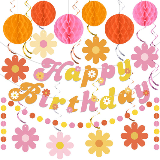 Daisy Groovy Party Decoration Boho Happy Birthday Banner Hanging