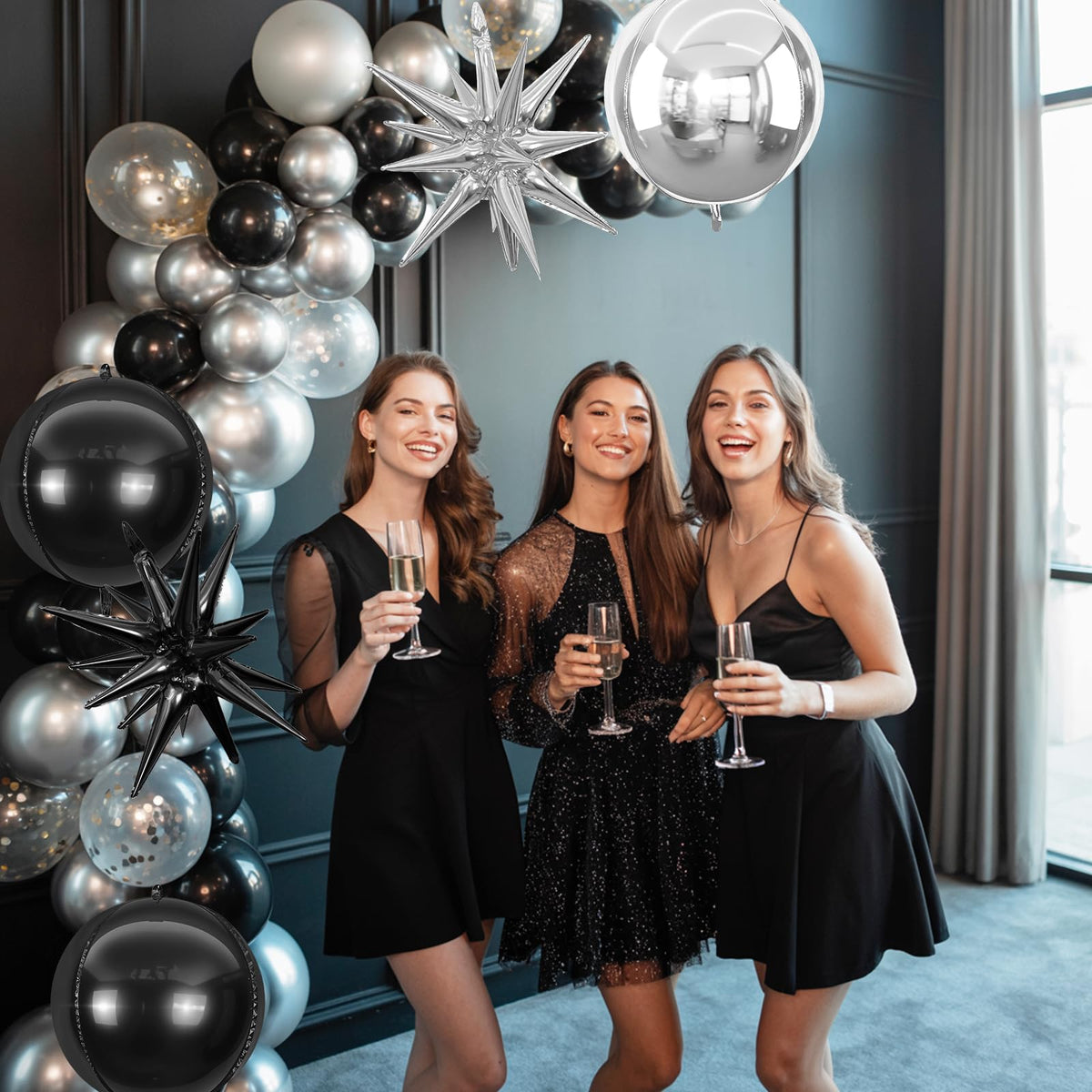 6Pcs Black Silver Foil Balloons,22Inch Black Silver 4D Round Ball