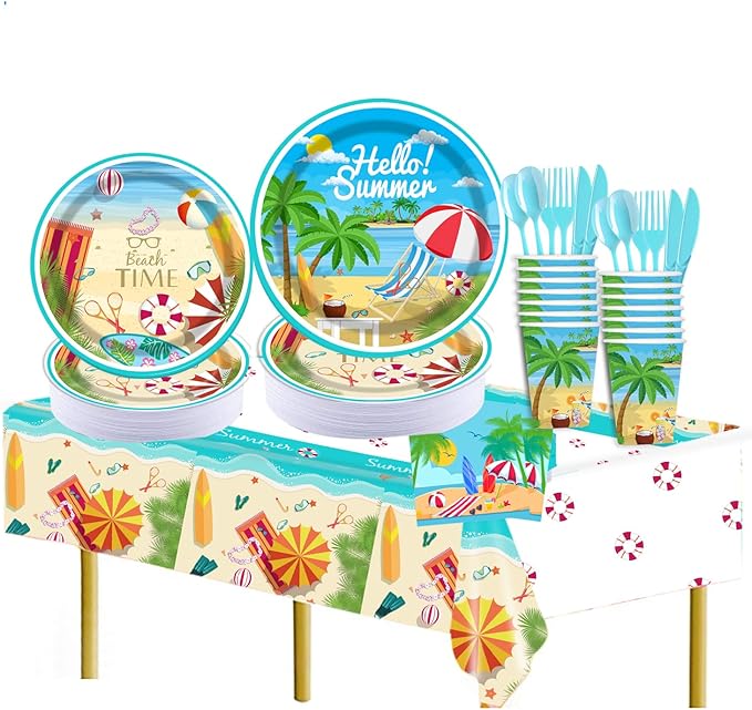 177 pcs Beach Party Supply Disposable Tableware Set with Tablecloth