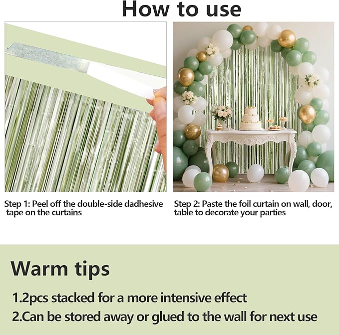 4 Packs Sage Green Foil Fringe Curtain, Light Green Glitter Metallic