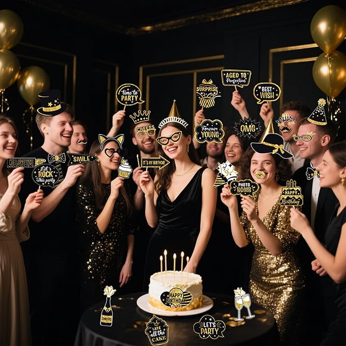 JOJO FLY 36 Pcs Birthday Photo Booth Props Kit, Black and Gold Party