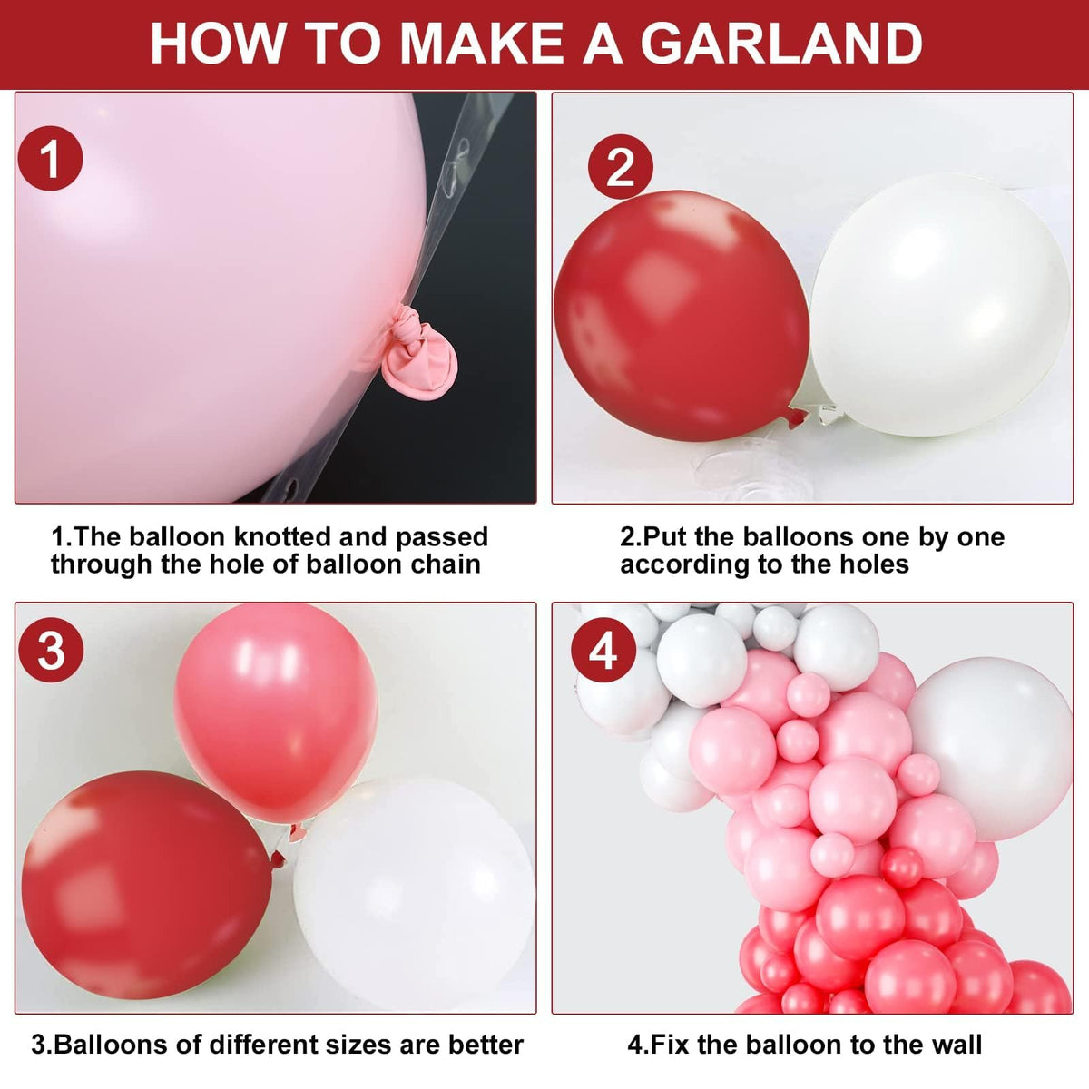 Red Pink Balloon Arch & Garland Kit - White Pink Macaron & Balloons