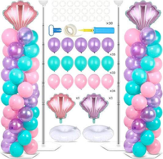 2 Sets Mermaid Party Balloon Column Stand Kit with 102 Balloons