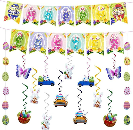 15 Piece Easter Decorations Kit with Foil Swirls Egg Garland &