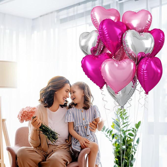 TAOYE 12 Pcs 18 Inch Heart Balloons, Hot Pink Silver and Pink Heart